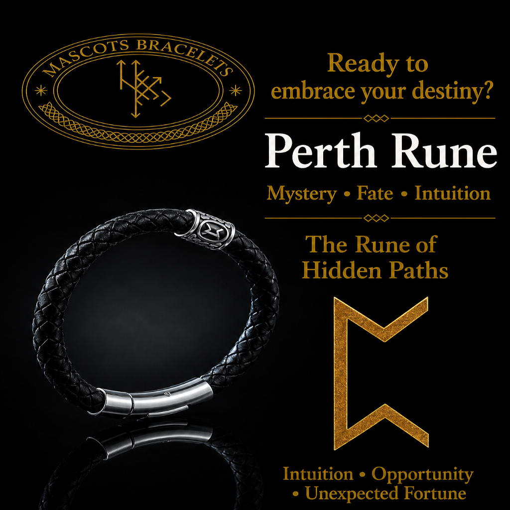 A black braided leather bracelet with a silver-toned clasp and engraved Norse runic symbol, shown on a black background with promotional text for 'Mascots Bracelets' and 'Perth Rune'.
