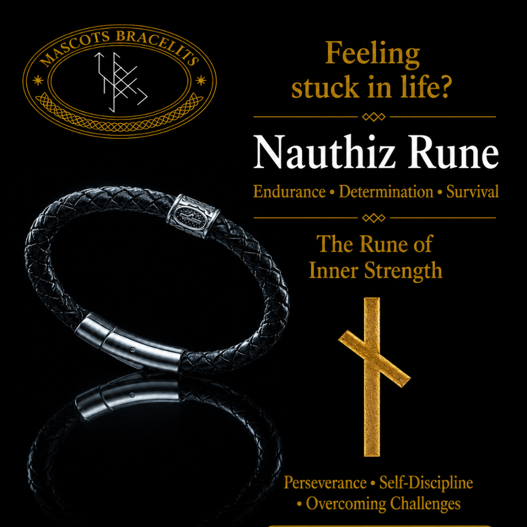 A black braided leather Nauthiz Rune bracelet with a silver-toned magnetic clasp, displayed on a reflective black background with promotional text and a gold Celtic cross graphic. The top left corner features the 'Mascots Bracelets' brand logo.