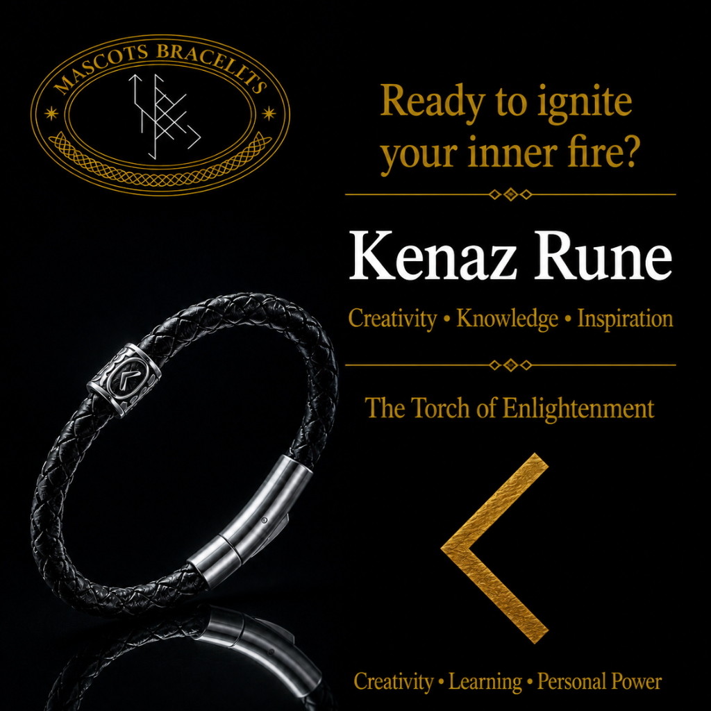 A black braided leather bracelet with a silver-toned metal clasp featuring the Kenaz rune symbol, displayed on a reflective black background with promotional text and the Mascots Bracelets logo.