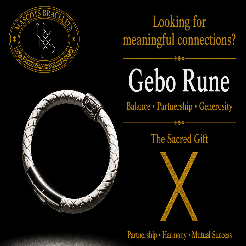 A silver braided Gebo Rune bracelet with a polished metal clasp, shown against a black background with promotional text and the brand logo Mascots Bracelets